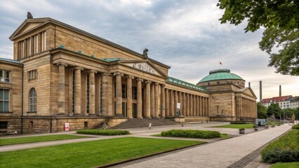 Obraz premium Neues Museum Berlin Classical Architecture, Wide Shot, Exterior View, Sandstone Facade, Columned Portico, Neoclassical Style Berlin, Architecture