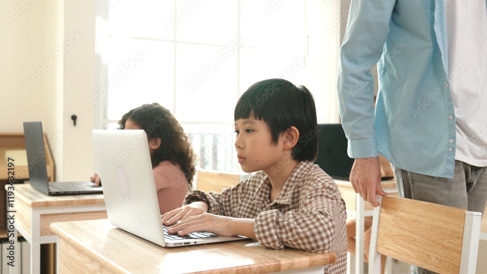 Poster caucasian teacher helping asian student coding engineering prompt while diverse student using softwa