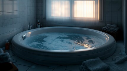 A close-up of a sanitized bathtub with fresh water droplets on the surface, highlighting the effectiveness of cleaning products in ensuring a thoroughly sanitized tub.