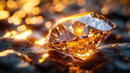 Sparkling diamond on dark rocks at sunset.