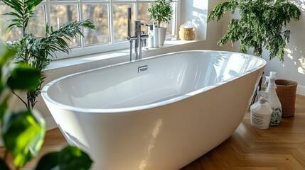 A close-up of a bathtub surrounded by cleaning supplies, with the sparkling clean surface demonstrating the results of a thorough, meticulous clean.