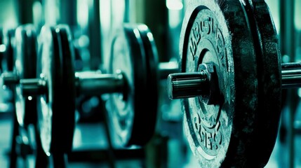 Row of well used gym dumbbells ready for workout