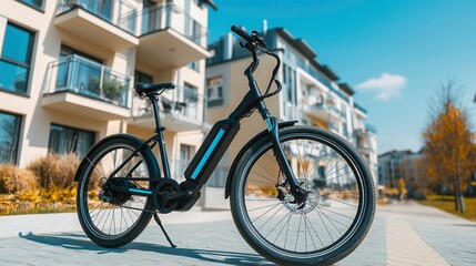 Fototapeta premium Modern Electric Bicycle Parked Near Apartment Building