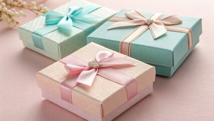 Obraz premium Pastel Gift Boxes Three Square Boxes with Ribbon Bows, Pink and Teal, Elegant Presentation Gift Packaging, Giftwrap