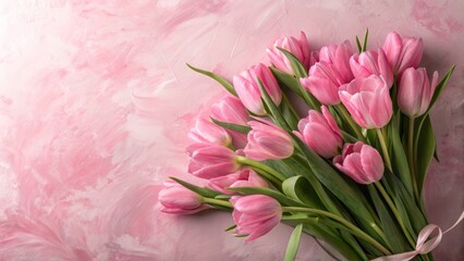 Obraz premium Pink Tulips Bouquet on Pink Textured Background Floral Composition, Spring Flowers, Romantic Concept Spring flowers, romantic