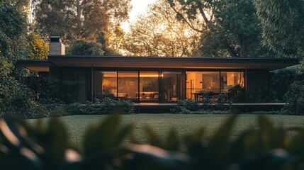Obraz premium Modern House nestled amongst lush green trees at sunset