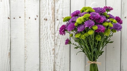 Fototapeta premium Purple and Green Chrysanthemum Bouquet on White Wood, Floral Arrangement, Still Life Photography, Flowers Keywords Chrysanthemum, Bouquet