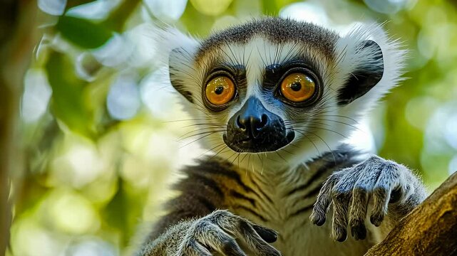 Young lemur perched branch.Peering creature orange eyes lush habitat.Animal grips wood,maintains balance.Tail dangles body natural scene.Jungle,wildlife,primate concepts associated.