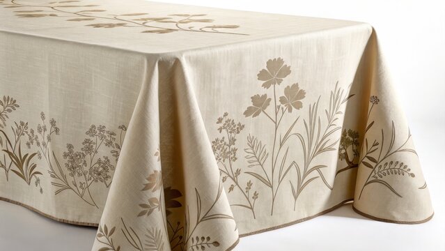 Rectangular Tablecloth Beige Linen with Embroidered Floral Design, Table Decor, Home Textile Table Linen, Home Decor