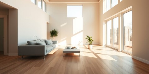 Sunlit Modern Living Room with Minimalist Sofa and Large Windows