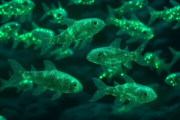 Fototapeta premium A school of tiny cartoon fish with glittering scales swimming in a glowing sea