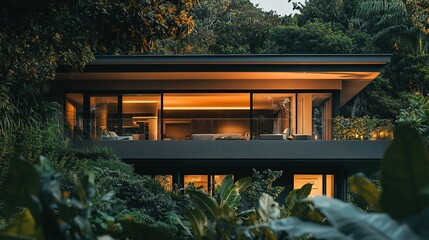 Obraz premium Modern House Nestled Within Lush Tropical Foliage