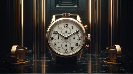 Naklejka premium Elegant Gold Watch Displayed in Luxurious Setting with Exquisite Details and Reflections