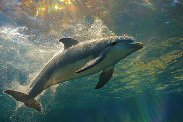 Fototapeta premium A smiling baby dolphin leaping through a sparkling rainbow wave