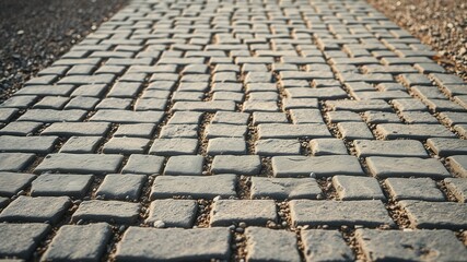Fototapeta premium A sunlit cobblestone pathway extending into the distance, showcasing a herringbone pattern and textured stone surface