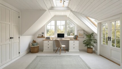 Fototapeta premium Serene Attic Office White Wood Paneling, Large Window, Minimalist Desk, Cozy Rug, Home Office Design, Attic Conversion Home office, minimalist design