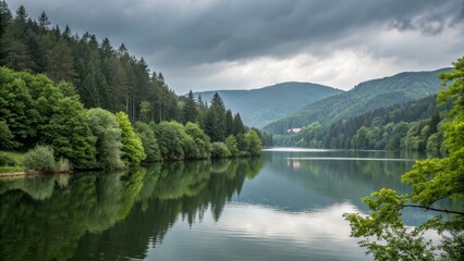 Serene Lake Reflection Lush Forest, Cloudy Sky Composition, Nature Photography, Landscape, Serenity Lake, Forest