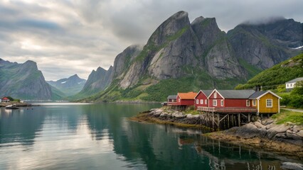 Fototapeta premium Serene Lofoten Landscape Red Fishing Cabins, Mountain Scenery, Fjord Reflection, Norway, Lofoten Islands Norway, Fjord