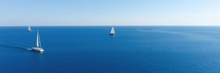 Obraz premium A tranquil blue ocean with sailboats and yachts gliding smoothly across the surface, sailing, blue