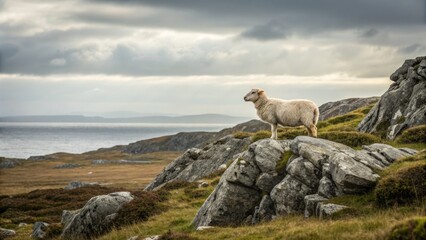 Solitary Sheep on Coastal Rocks Wide Shot Composition, Dramatic Cloudscape, Pastoral Scene, Scotland Sheep, Landscape Photography