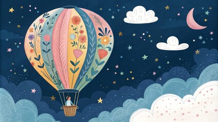 Obraz premium Floral Hot Air Balloon Night Sky Illustration Watercolor, Childlike, Dreamy, Adventure Hot Air Balloon, Night Sky
