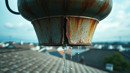 Leaking Rustic Metal Gutter on a Rooftop Overlooking a Neighborhood