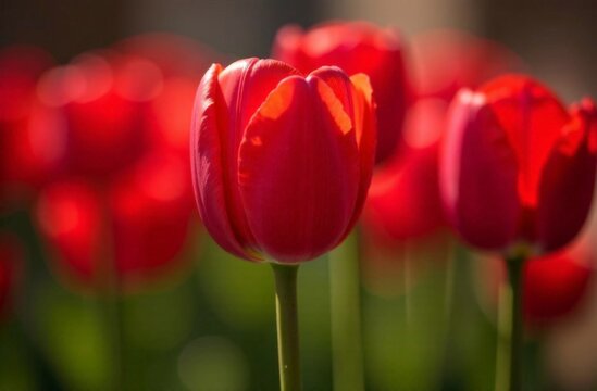 close-up of blooming red tulips. tulip flowers with deep red petals. forming flower arrangement background - Powered by Adobe