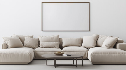 Modern Interior Mockup with Blank Poster Frame Wall, Showcase your creativity in a minimalistic living room setting.