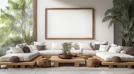 Modern Living Room Mockup with Blank Poster Frame