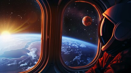 An astronaut looks at the Earth from the porthole of a spaceship. Suitable for articles about space, scientific research and travelling.