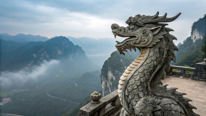 Obraz premium Stone Dragon Statue Overlooking Misty Mountains, Landscape Photography, China, Dragon Sculpture, Asian Art Dragon statue, mountain landscape