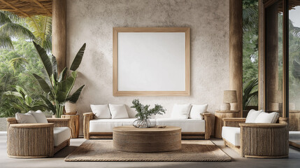 Minimalist Living Room Mockup with Blank Wall Frame, Simple yet modern space for showcasing customizable artwork in a living room setting.