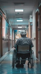 Obraz premium Elderly person in wheelchair in hospital corridor. Suitable for medical articles, advertising of elderly care and social projects.