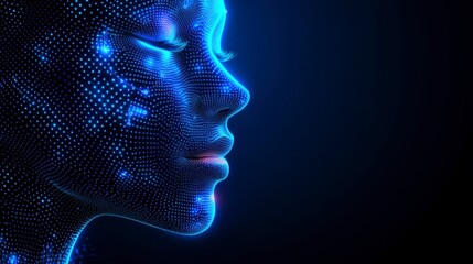 A blue background with a circuit board face outline and binary data flows, representing AI, machine learning, and the fast progression of technology in the robot revolution