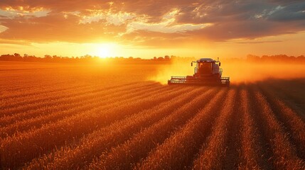 Fototapeta premium Morning Harvest at Sunrise with Agricultural Equipment Working in Golden Fields, Capturing the Beauty of Rural Life and Farming Machinery in Action