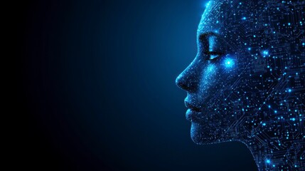 A sleek AI and machine learning concept with a circuit board face outline and binary data flow, set against a dynamic blue background symbolizing fast human digital computing