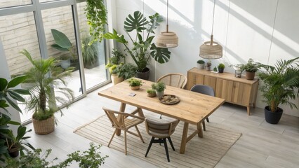 Fototapeta premium Sunlit Indoor Jungle Wooden Dining Table Composition with Plants, High Angle View, Natural Decor, Boho Chic. Plants, Interior Design