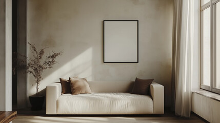 Minimalist Living Room Mockup with White Wall and Frame, A simple yet sophisticated living room mockup emphasizing clean lines and modern decor.