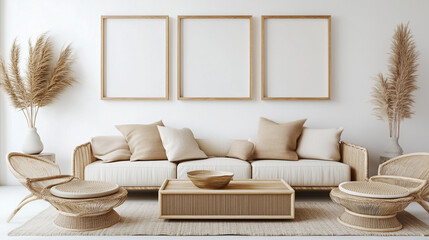 Blank Poster Frames on Wall Mockup in Living Room, A spacious living room with a clean mockup design of empty poster frames on wall.