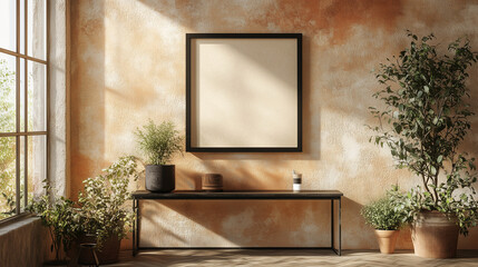 Minimalist Black Frame Mockup in Stylish Office Interior, A clean and elegant black frame mockup displayed on a cozy home office wall.