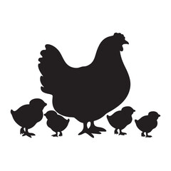 
Mother hen with her chicks silhouette vector, happy mother hen walking with her cute little chicks.
