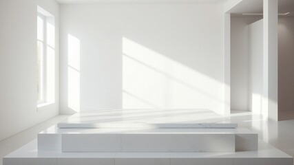 Sunlit Minimalist Marble Platform in a Bright White Room