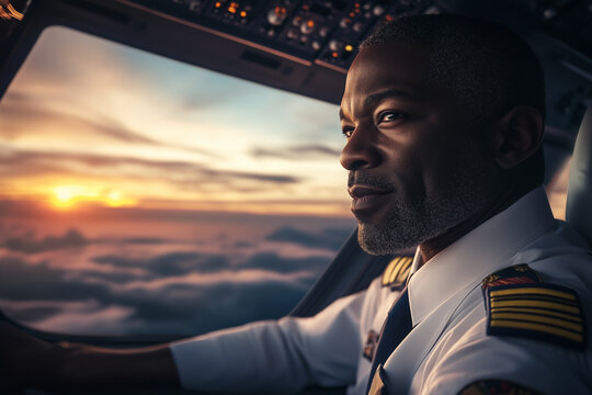 African American commercial pilot in traditional uniform 
