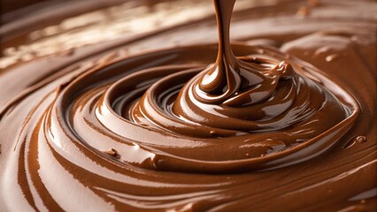 Swirling Melted Chocolate Close-up Macro Photography of Rich, Glossy Texture, Chocolate Flow, Dessert Concept Chocolate, Food Photography