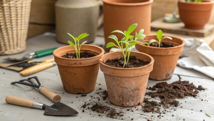 Three Terracotta Pots with Seedlings, Gardening Tools, Close-up, Spring Planting, Seed Starting, Plant Propagation Seedlings, Gardening