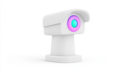 A sleek 3D security camera design featuring a glowing lens in vibrant cyan and purple, emphasizing modern surveillance technology