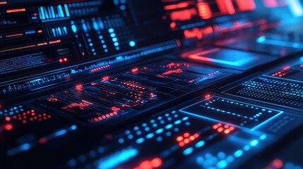 Obraz premium A futuristic high-tech computing center with sleek digital interfaces and glowing processors in a dark, modern lab