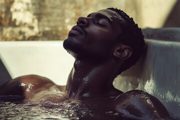 Handsome African American man taking a bath