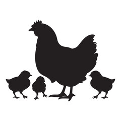 
Mother hen with her chicks silhouette vector, happy mother hen walking with her cute little chicks.
