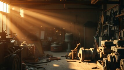 Golden Sunlight Illuminates a Dusty Workshop Filled with Vintage Machinery and Tools